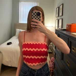 FARM RIO Ric Rac Wrap Crop Top in Red and Pink